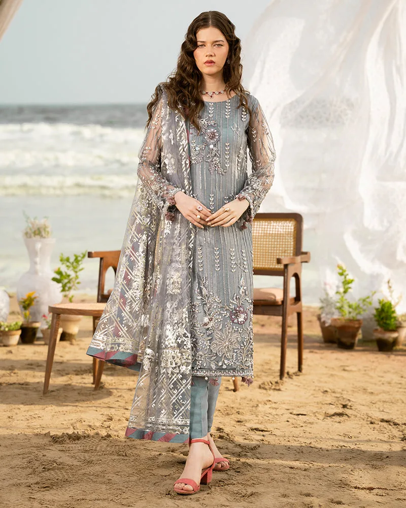 Soft gray net shirt with sequin embroidery and matching viscose trousers – view 1 – Poshaq