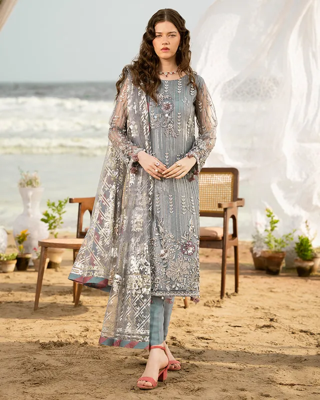 Soft gray net shirt with sequin embroidery and matching viscose trousers – view 1 – Poshaq