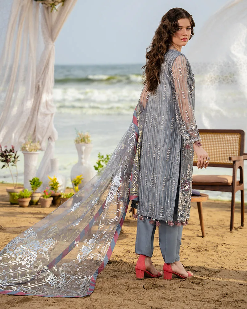 Soft gray net shirt with sequin embroidery and matching viscose trousers – view 2 – Poshaq
