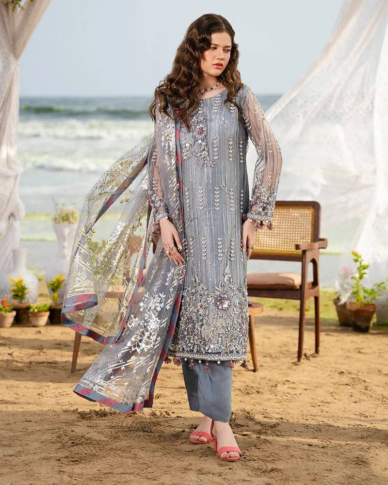 Soft gray net shirt with sequin embroidery and matching viscose trousers – view 3 – Poshaq