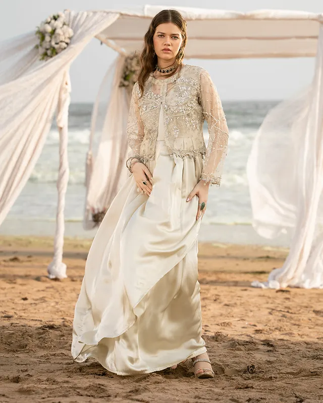 Ivory organza jacket with pearl and diamant embellishments – view 1 – Poshaq