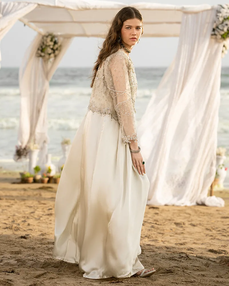 Ivory organza jacket with pearl and diamant embellishments – view 2 – Poshaq