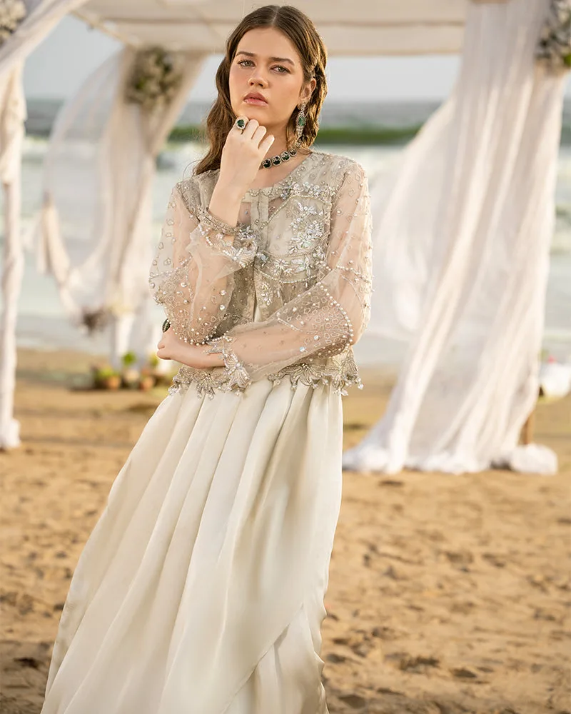 Ivory organza jacket with pearl and diamant embellishments – view 4 – Poshaq