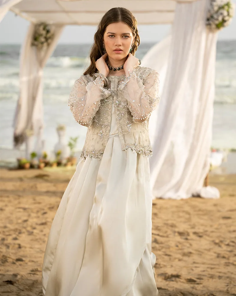 Ivory organza jacket with pearl and diamant embellishments – view 6 – Poshaq