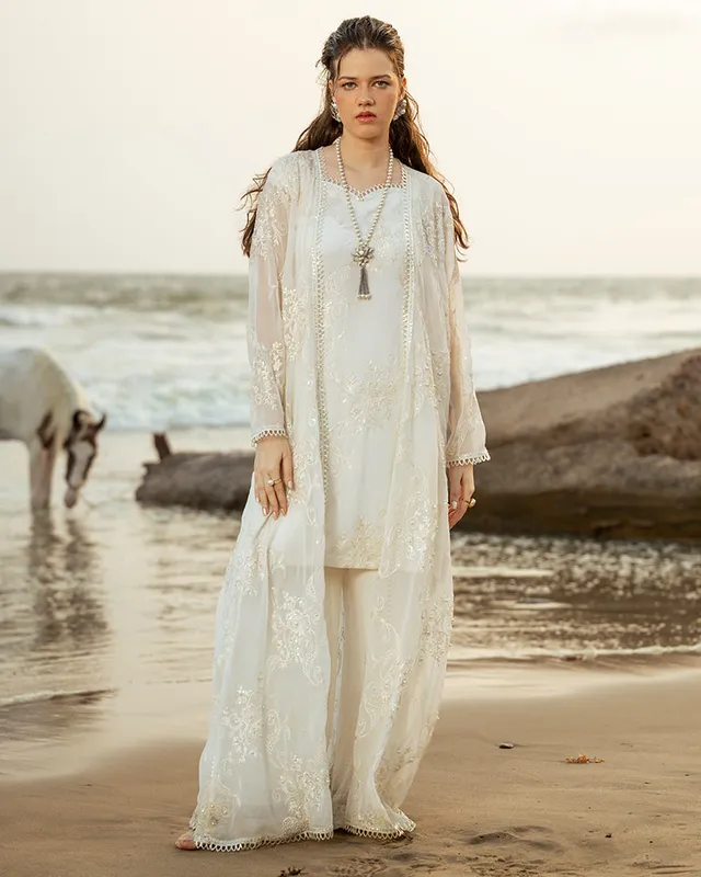 Ivory chiffon cape, inner and trousers with subtle sequin embroidery – view 1 – Poshaq