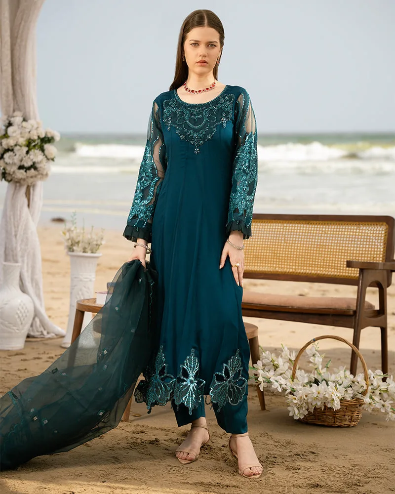 Dark Teal chiffon dress with organza dupatta and grip silk trousers – view 1 – Poshaq