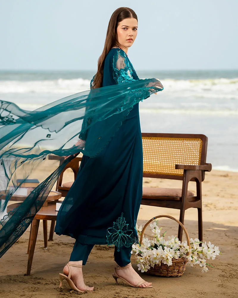 Dark Teal chiffon dress with organza dupatta and grip silk trousers – view 2 – Poshaq