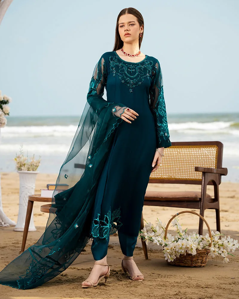 Dark Teal chiffon dress with organza dupatta and grip silk trousers – view 3 – Poshaq