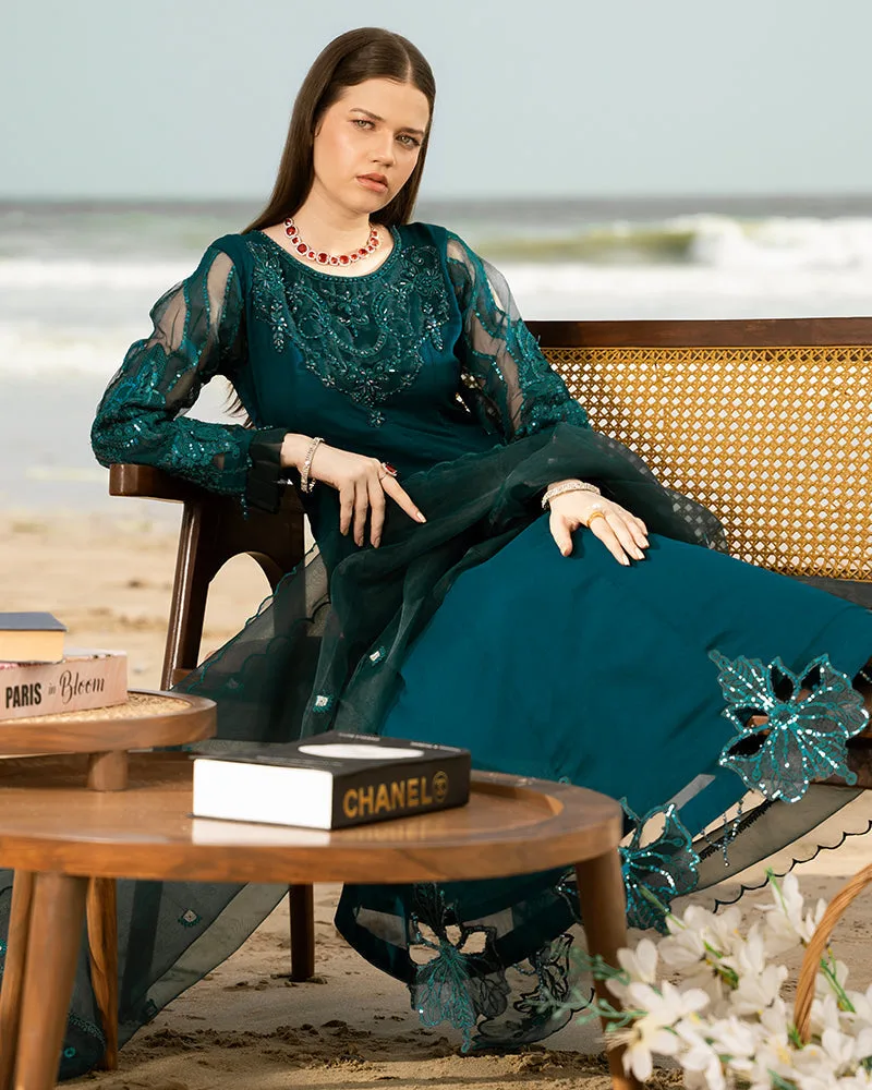 Dark Teal chiffon dress with organza dupatta and grip silk trousers – view 4 – Poshaq