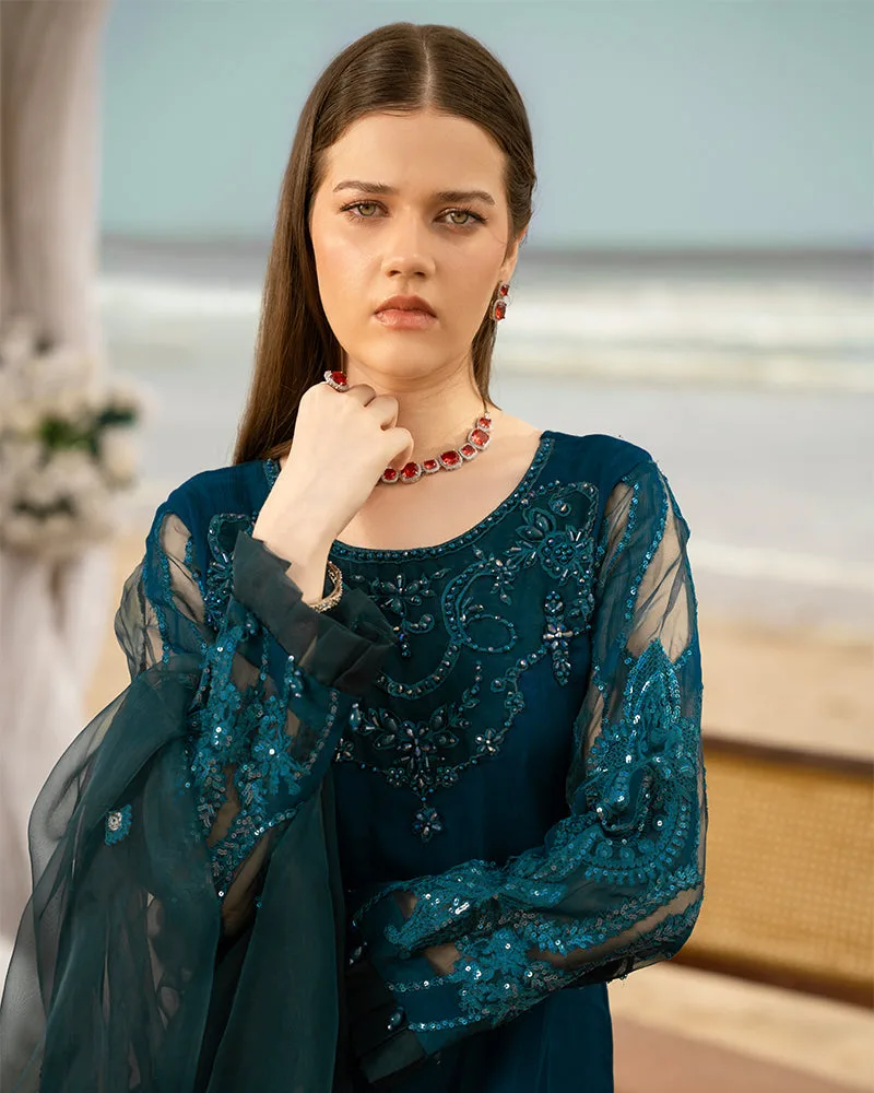 Dark Teal chiffon dress with organza dupatta and grip silk trousers – view 5 – Poshaq