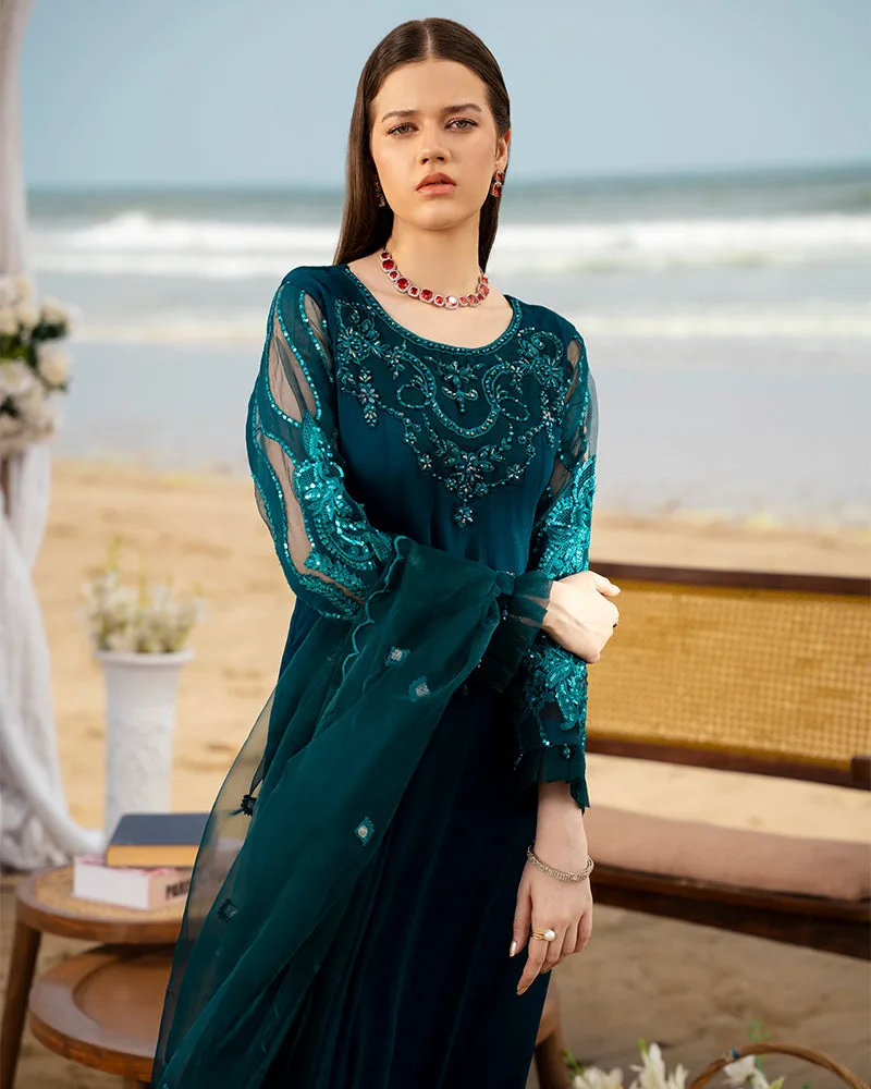 Dark Teal chiffon dress with organza dupatta and grip silk trousers – view 6 – Poshaq