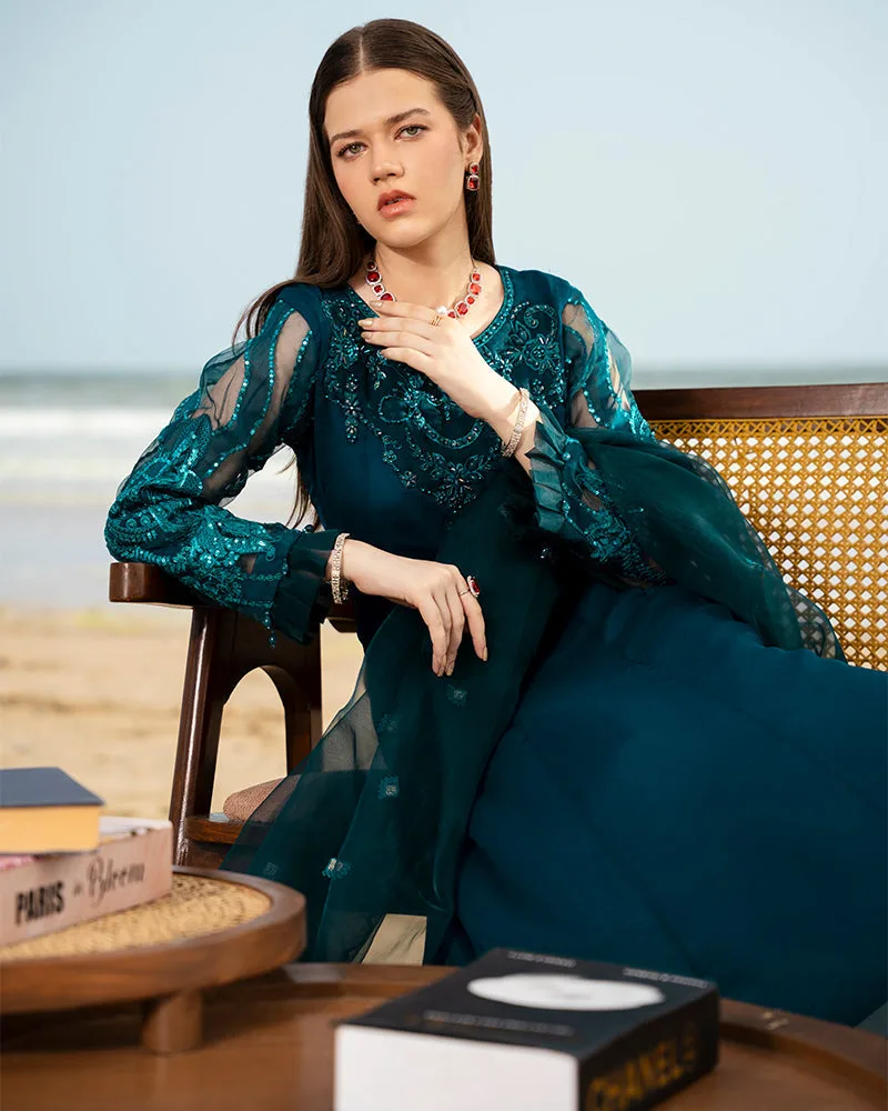 Dark Teal chiffon dress with organza dupatta and grip silk trousers – view 7 – Poshaq