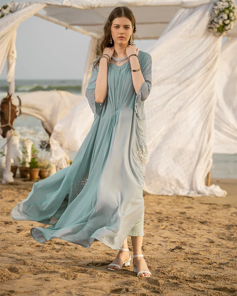 Hit gray chiffon and viscose suit with layered cape – view 1 – Poshaq