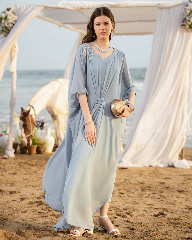 Hit gray chiffon and viscose suit with layered cape – view 2 – Poshaq