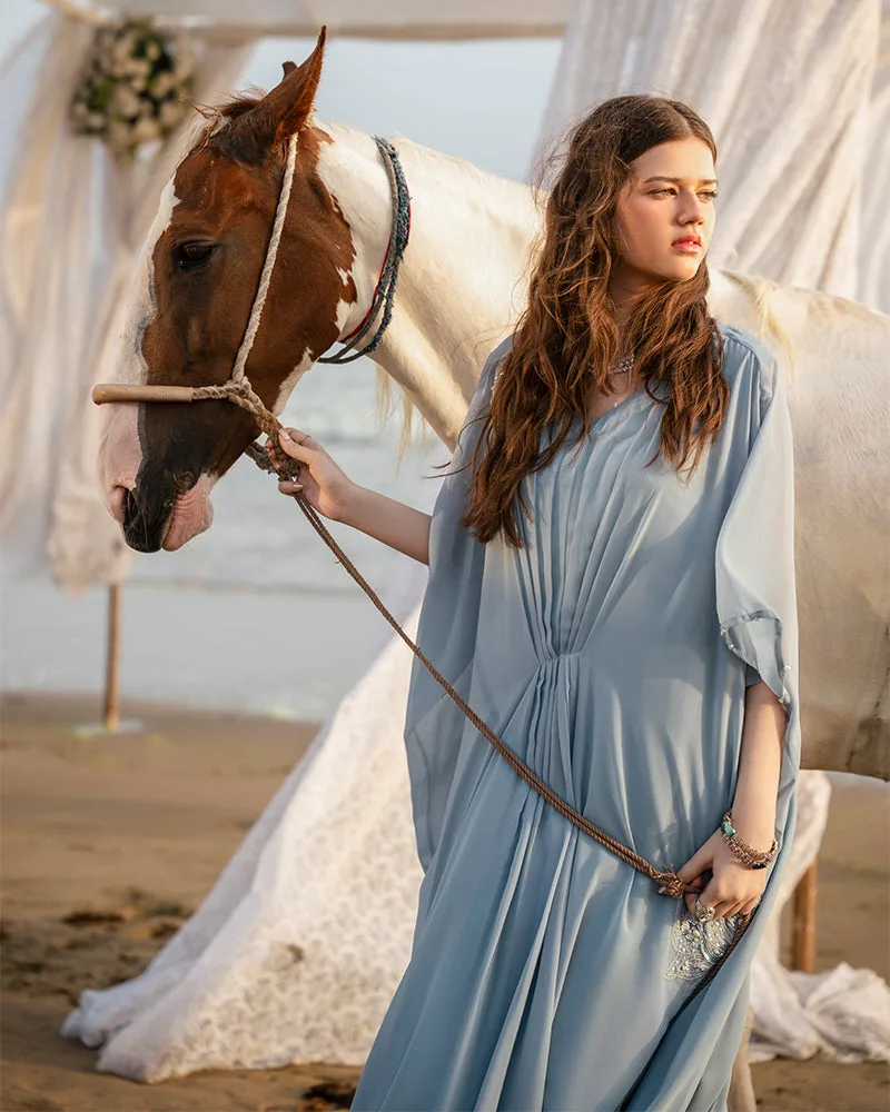 Hit gray chiffon and viscose suit with layered cape – view 5 – Poshaq