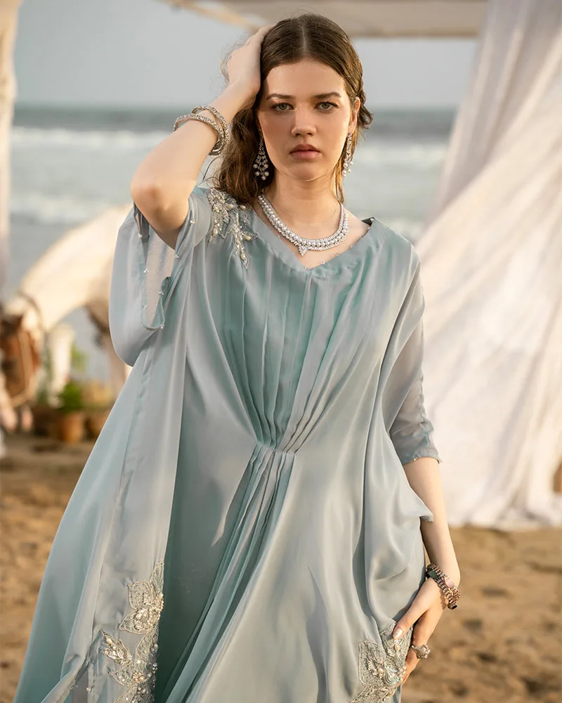 Hit gray chiffon and viscose suit with layered cape – view 6 – Poshaq