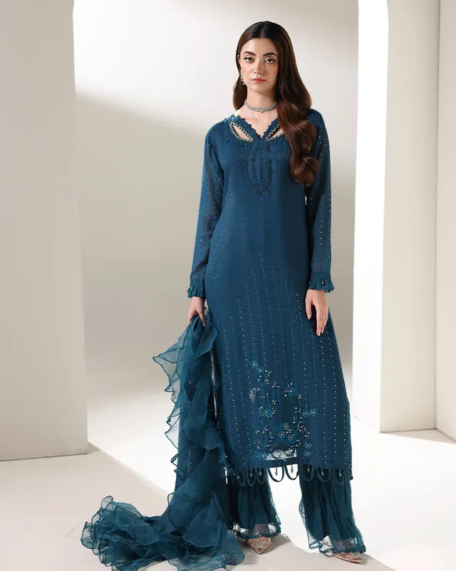 Zinc organza chiffon formal set with shirt, dupatta and palazzo trousers – view 1 – Poshaq