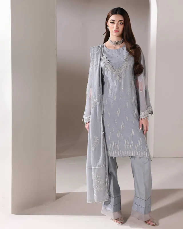 Grey crinkle chiffon dress with viscose palazzo – view 1 – Poshaq