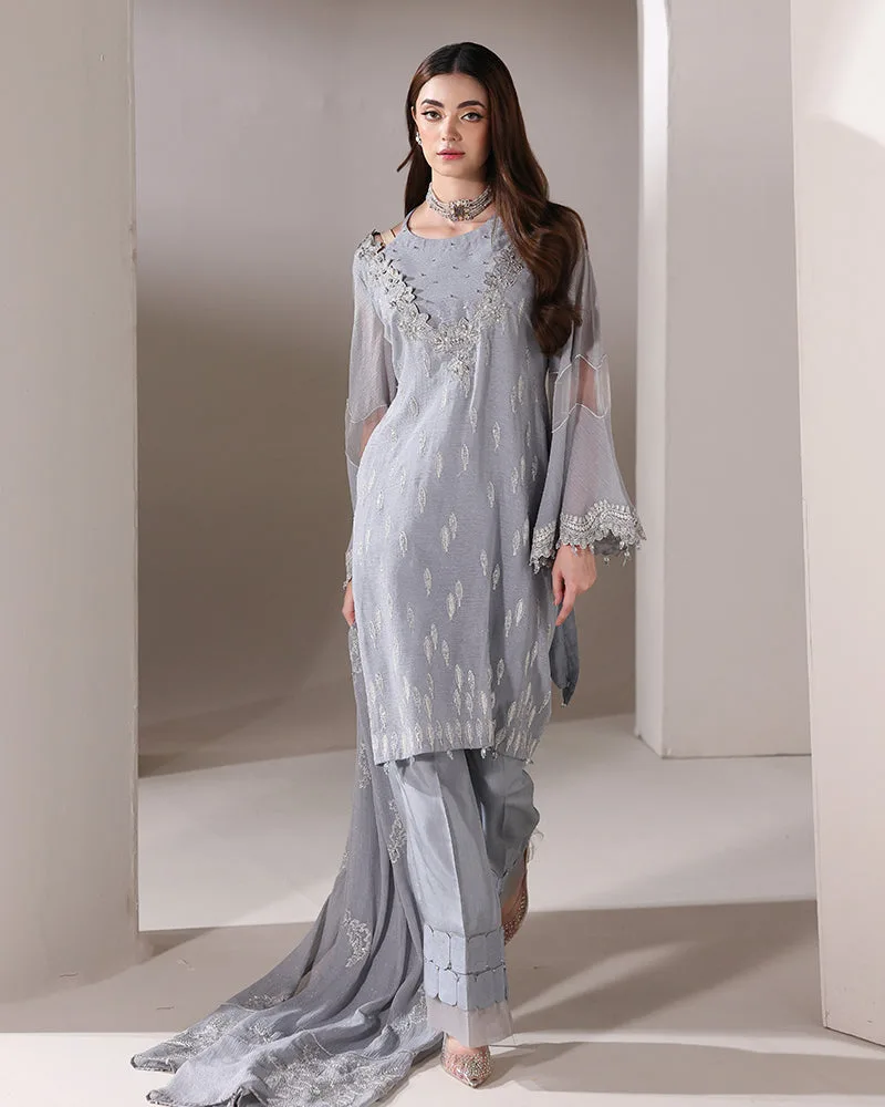 Grey crinkle chiffon dress with viscose palazzo – view 2 – Poshaq