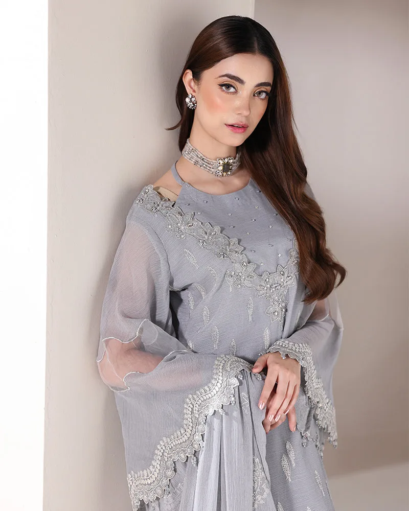 Grey crinkle chiffon dress with viscose palazzo – view 4 – Poshaq