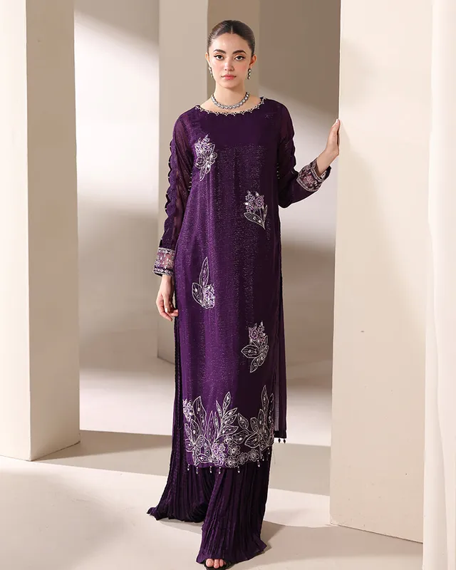 Plum chiffon suit with crinkled top and matching viscose trousers – view 1 – Poshaq