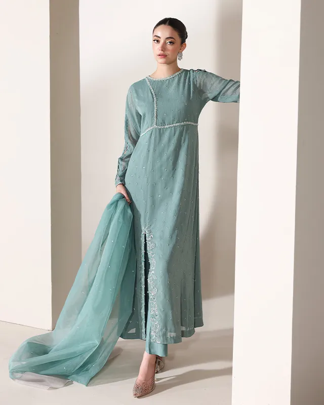 Sea green crinkle chiffon long shirt with organza detailing – view 1 – Poshaq