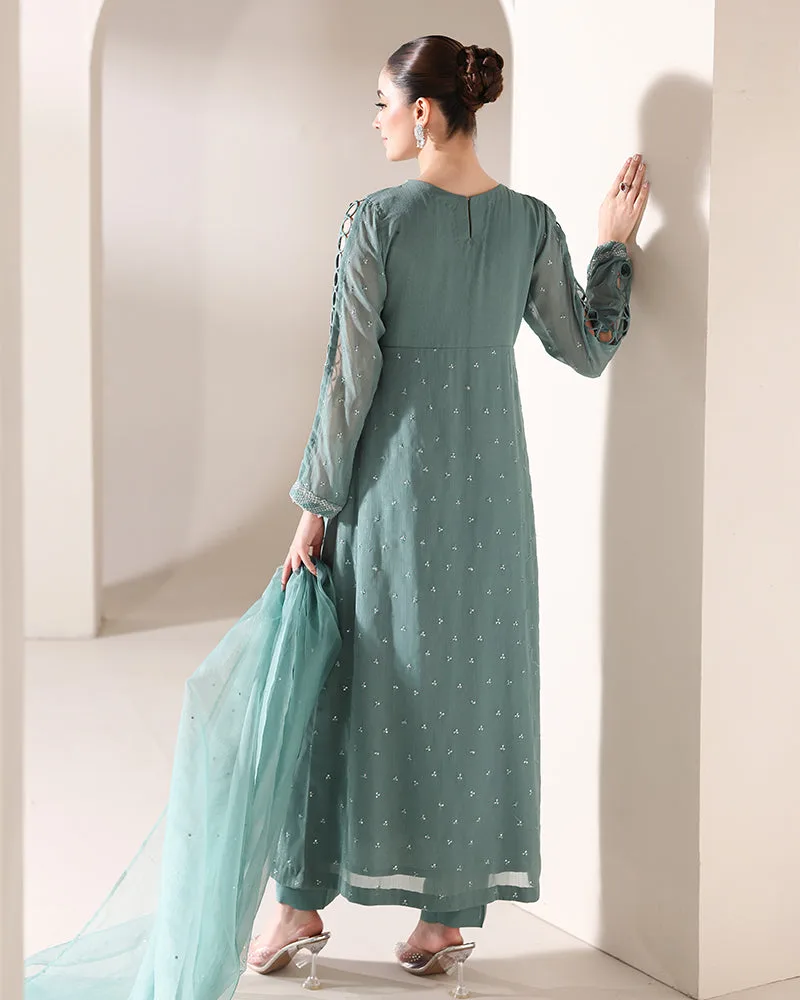 Sea green crinkle chiffon long shirt with organza detailing – view 2 – Poshaq