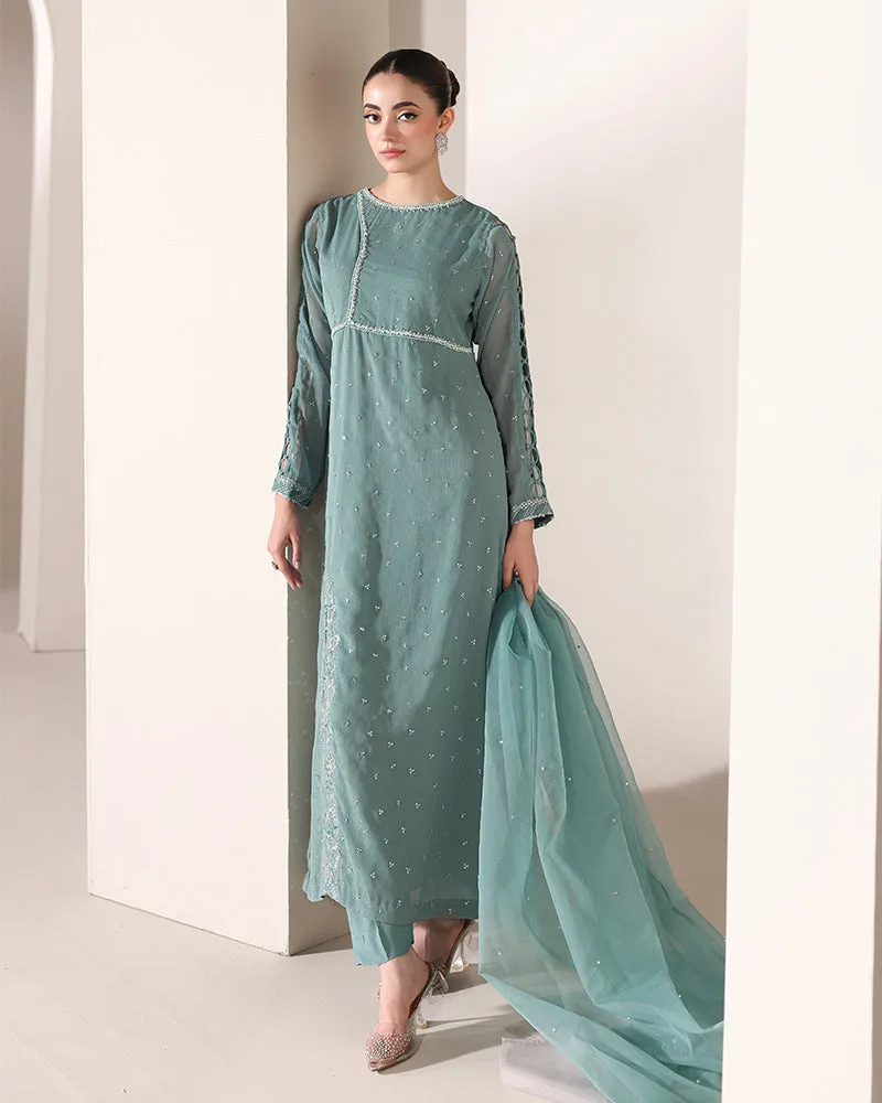 Sea green crinkle chiffon long shirt with organza detailing – view 3 – Poshaq