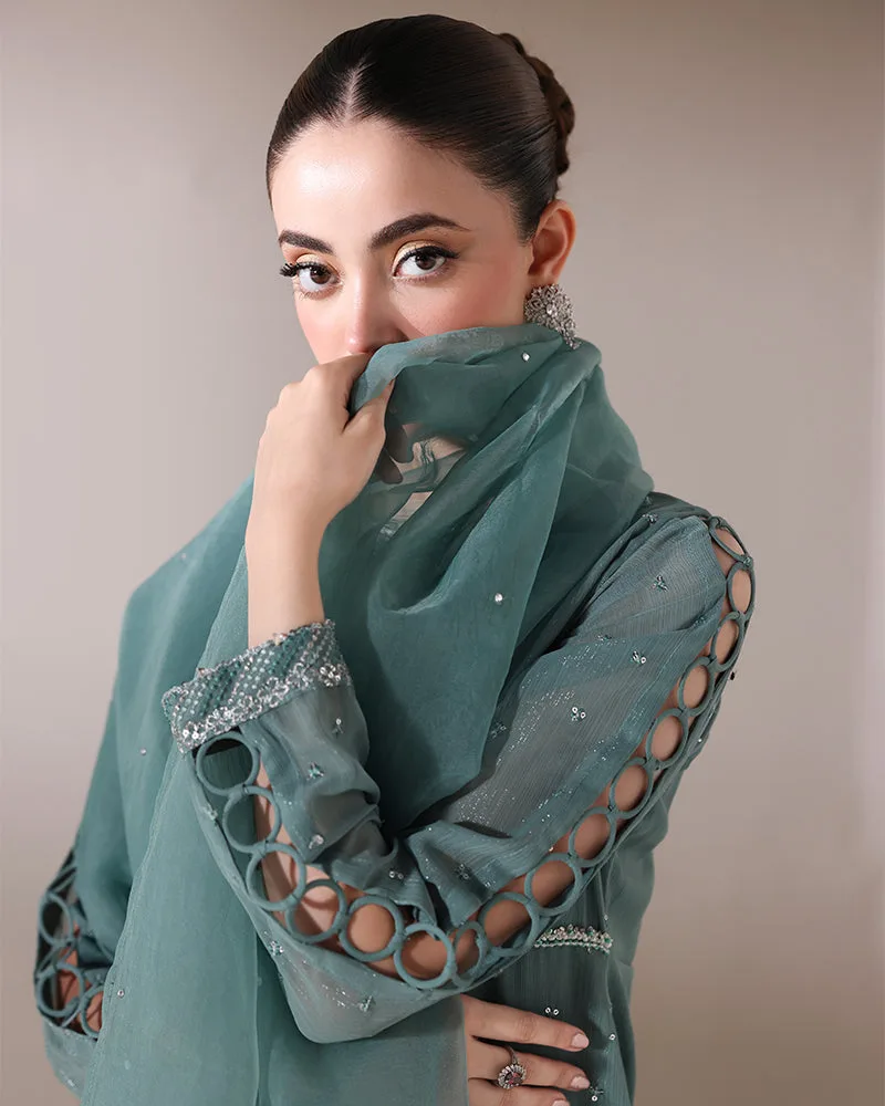 Sea green crinkle chiffon long shirt with organza detailing – view 4 – Poshaq