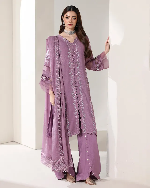 purple grey chiffon suit with sequin shirt and bell‑bottom trousers – view 1 – Poshaq