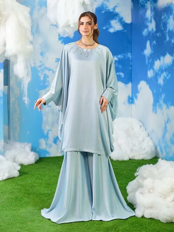 Ice blue crinkle silk cape with structured drape – view 1 – Poshaq