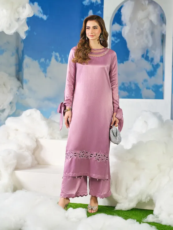 Purple gray crinkle silk long shirt with subtle sheen – view 1 – Poshaq