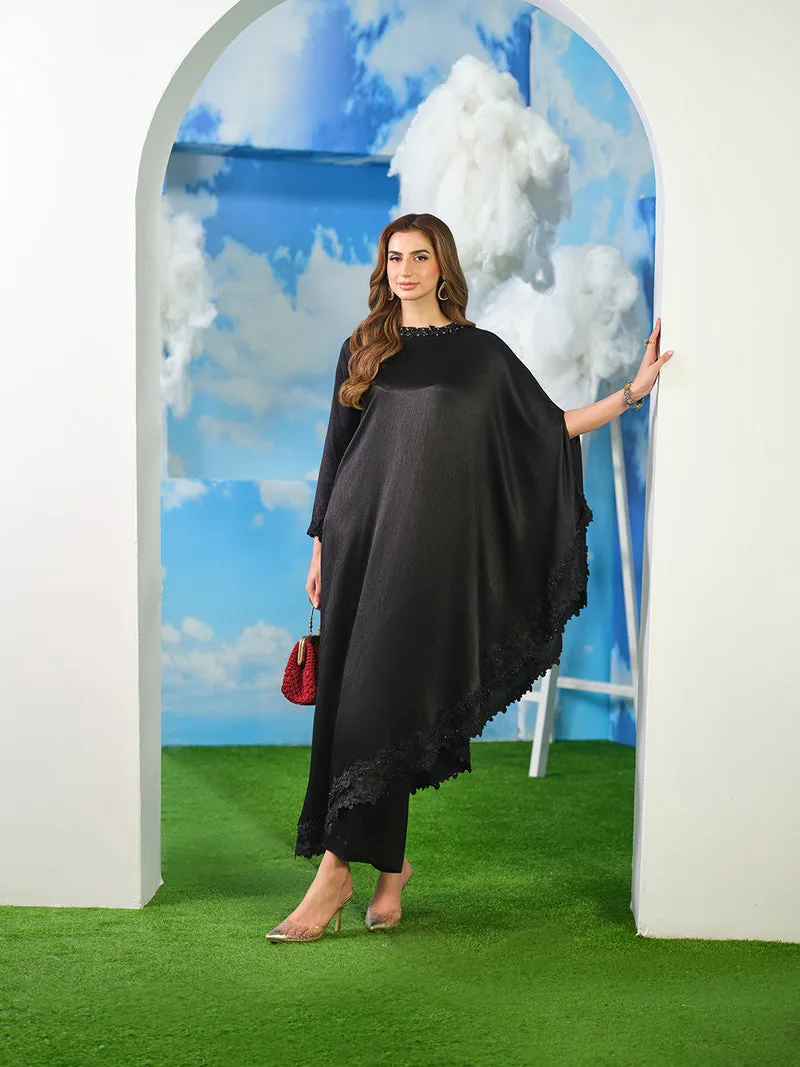 Black silk kaftan with hand‑embroidered adda and crystal embellishments – view 4 – Poshaq