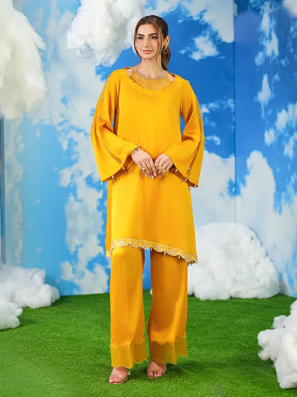 Mustard yellow silk shirt with subtle adda embroidery – view 1 – Poshaq