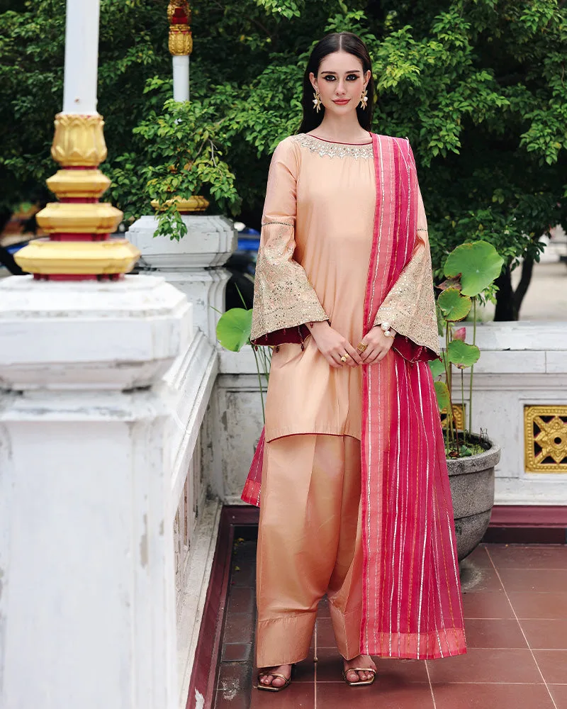 Peach organza suit with Masoori shalwar and sequined dupatta – view 1 – Poshaq