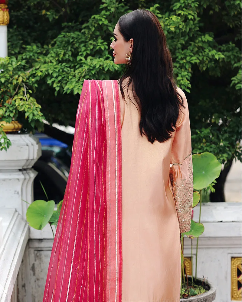 Peach organza suit with Masoori shalwar and sequined dupatta – view 2 – Poshaq