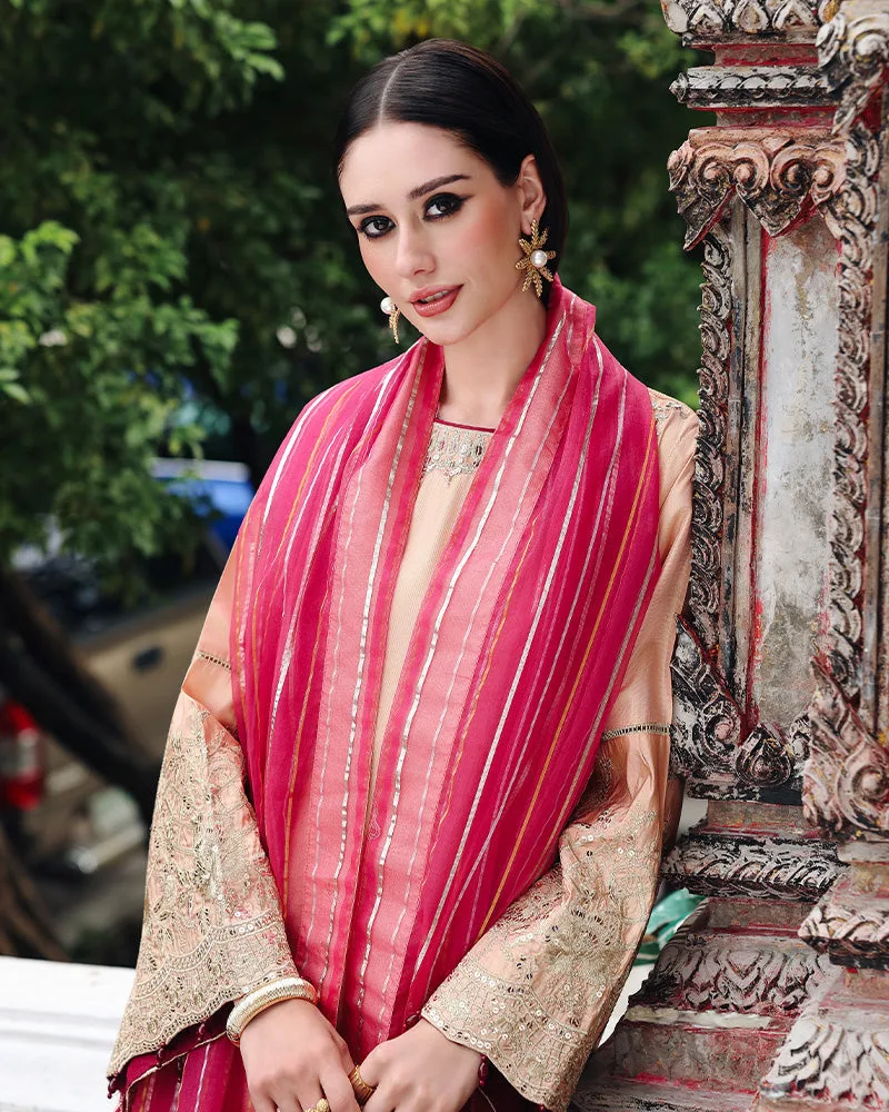 Peach organza suit with Masoori shalwar and sequined dupatta – view 3 – Poshaq