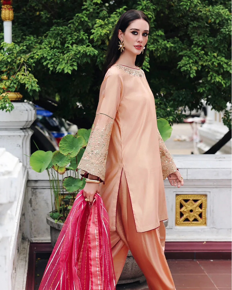 Peach organza suit with Masoori shalwar and sequined dupatta – view 4 – Poshaq