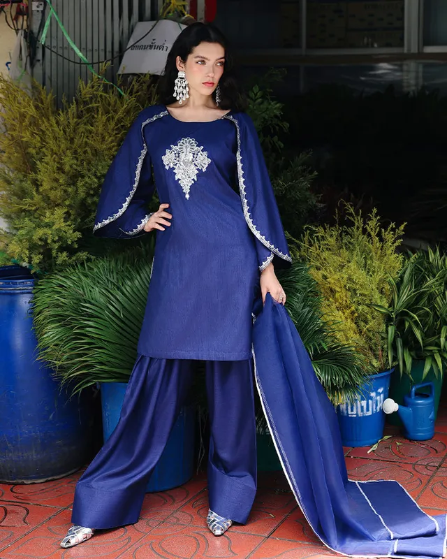 Blue formal suit by Ain with organza dupatta and raw silk shirt – view 1 – Poshaq
