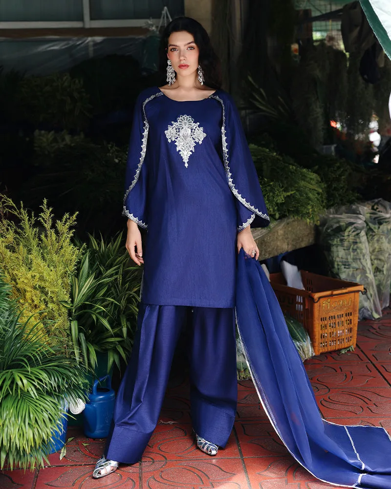 Blue formal suit by Ain with organza dupatta and raw silk shirt – view 2 – Poshaq