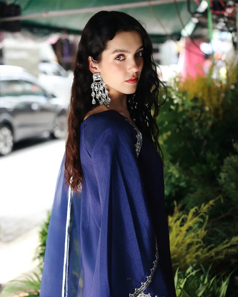 Blue formal suit by Ain with organza dupatta and raw silk shirt – view 3 – Poshaq