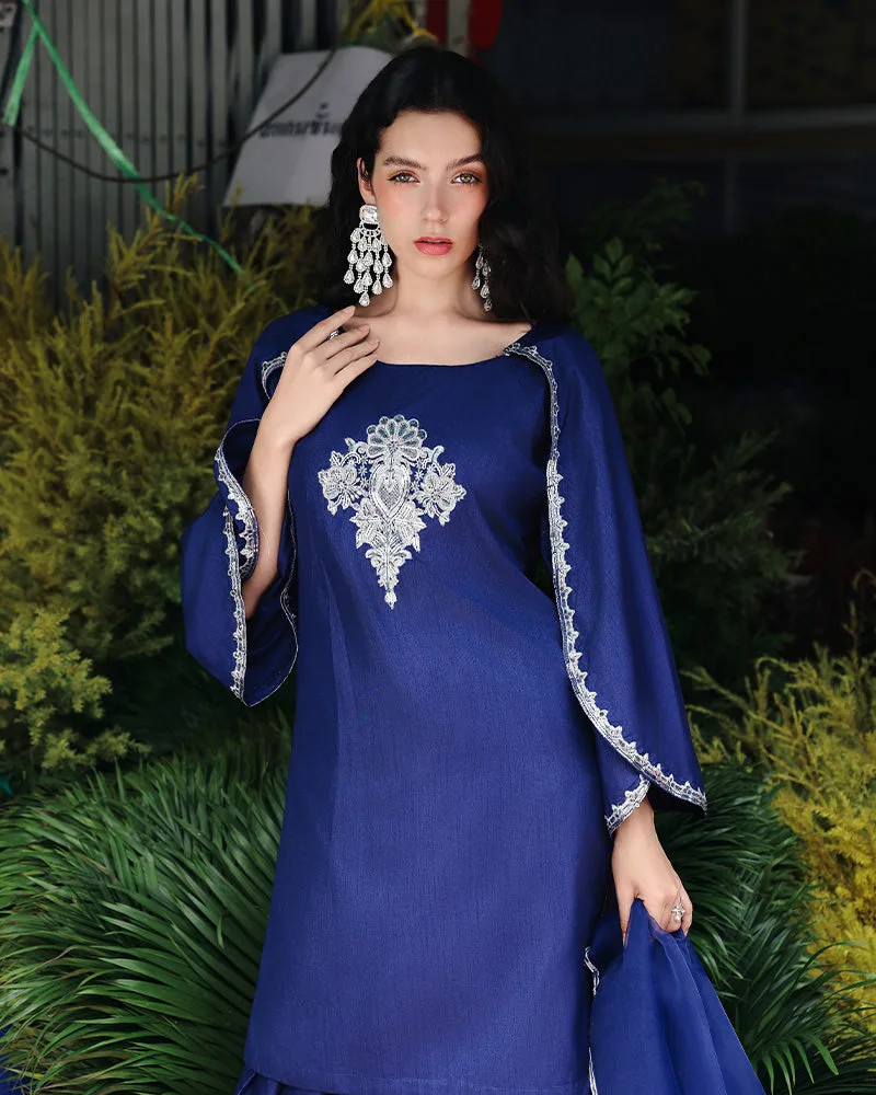 Blue formal suit by Ain with organza dupatta and raw silk shirt – view 4 – Poshaq
