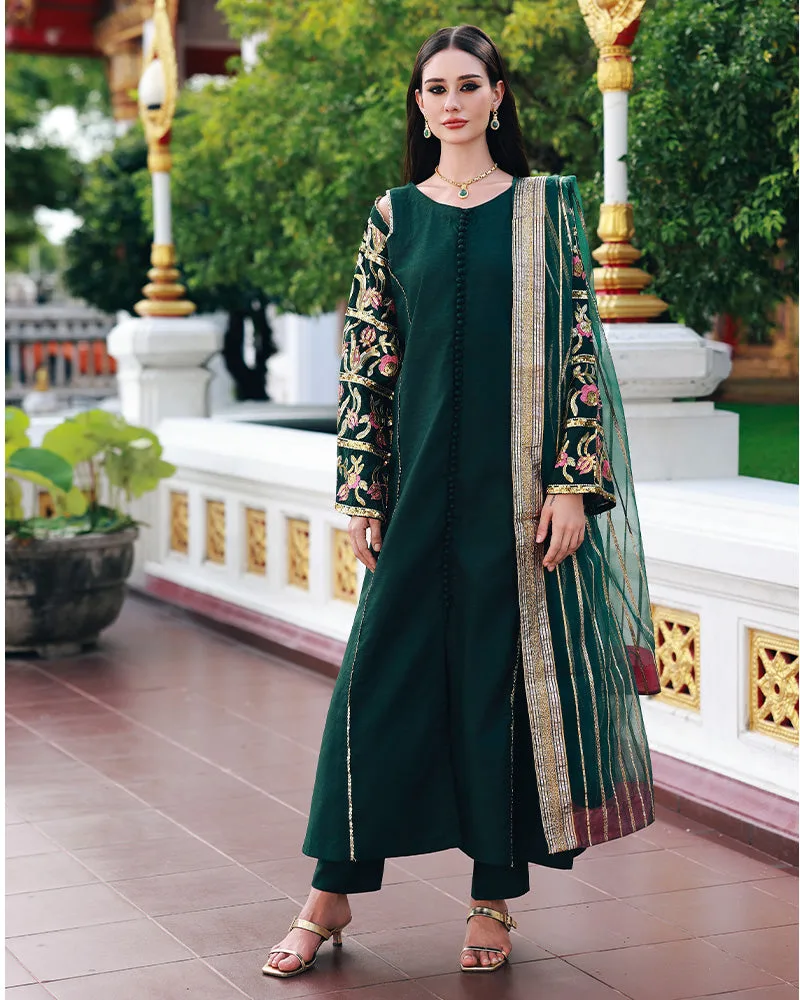 green raw silk long shirt with organza detailing – view 1 – Poshaq