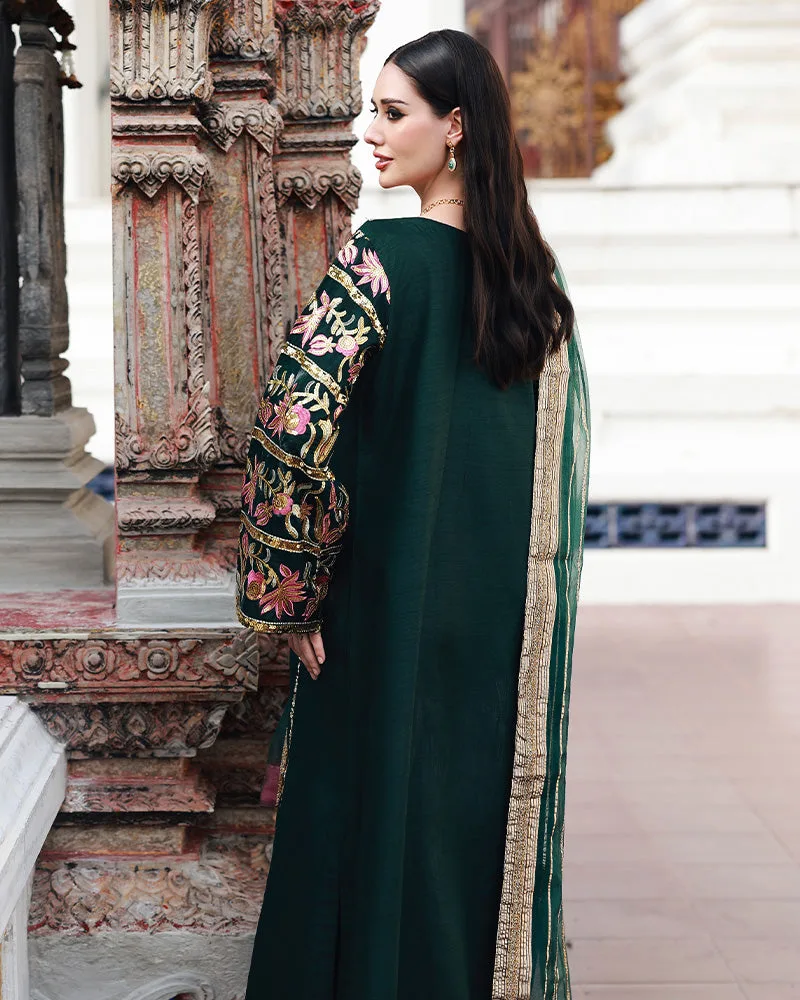 green raw silk long shirt with organza detailing – view 2 – Poshaq