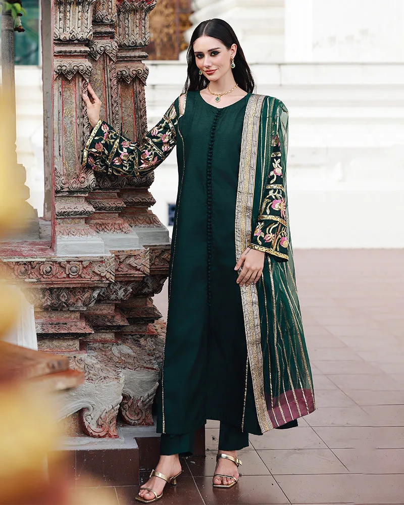 green raw silk long shirt with organza detailing – view 3 – Poshaq