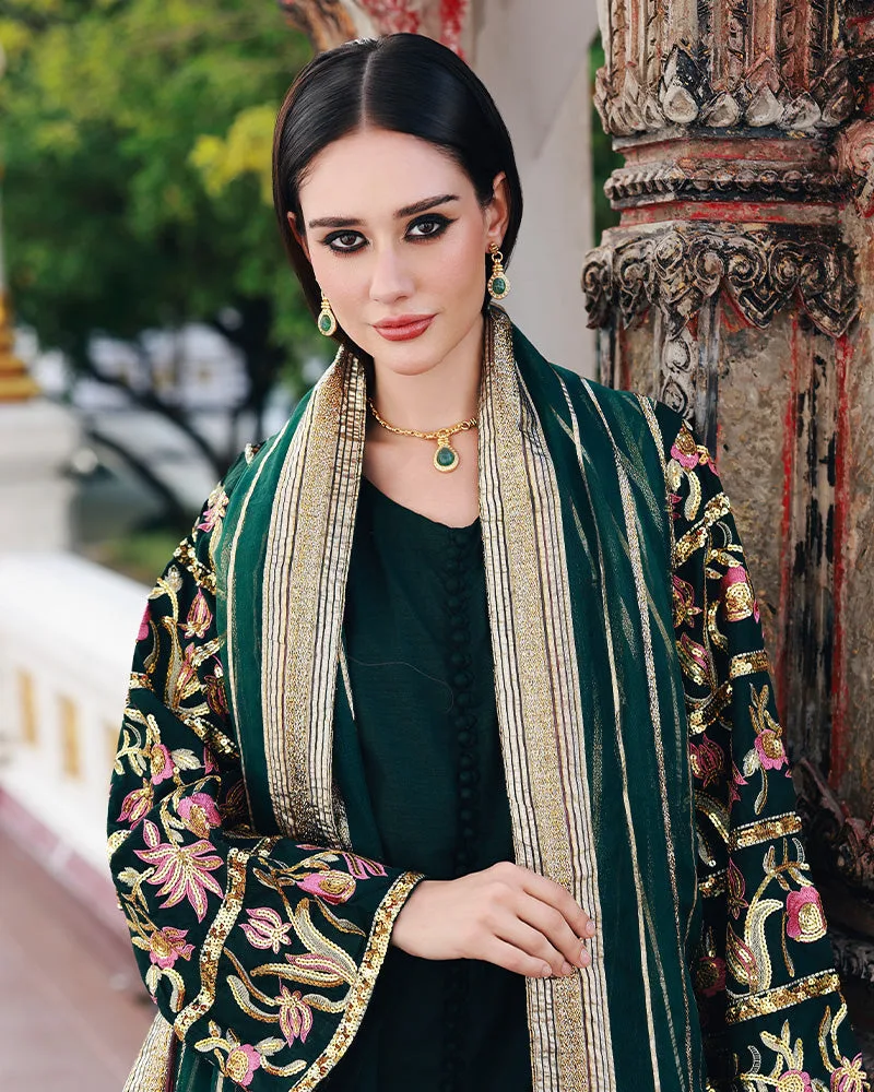 green raw silk long shirt with organza detailing – view 4 – Poshaq