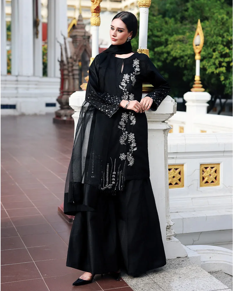 Black raw silk shirt with organza dupatta, formal ensemble – view 1 – Poshaq