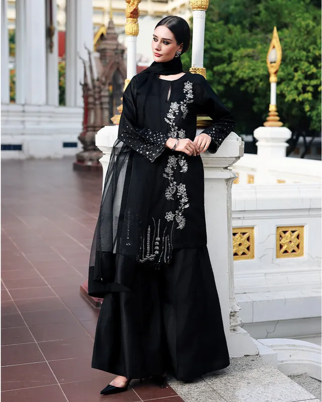Black raw silk shirt with organza dupatta, formal ensemble – view 1 – Poshaq