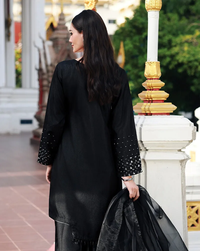 Black raw silk shirt with organza dupatta, formal ensemble – view 2 – Poshaq