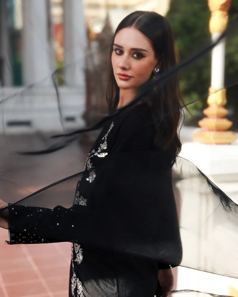 Black raw silk shirt with organza dupatta, formal ensemble – view 3 – Poshaq